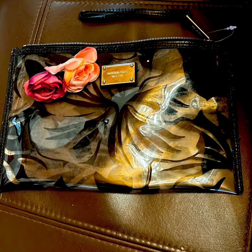 NWOT 🎁Michael Kors Zip clear Pouch- Hibiscus Flower